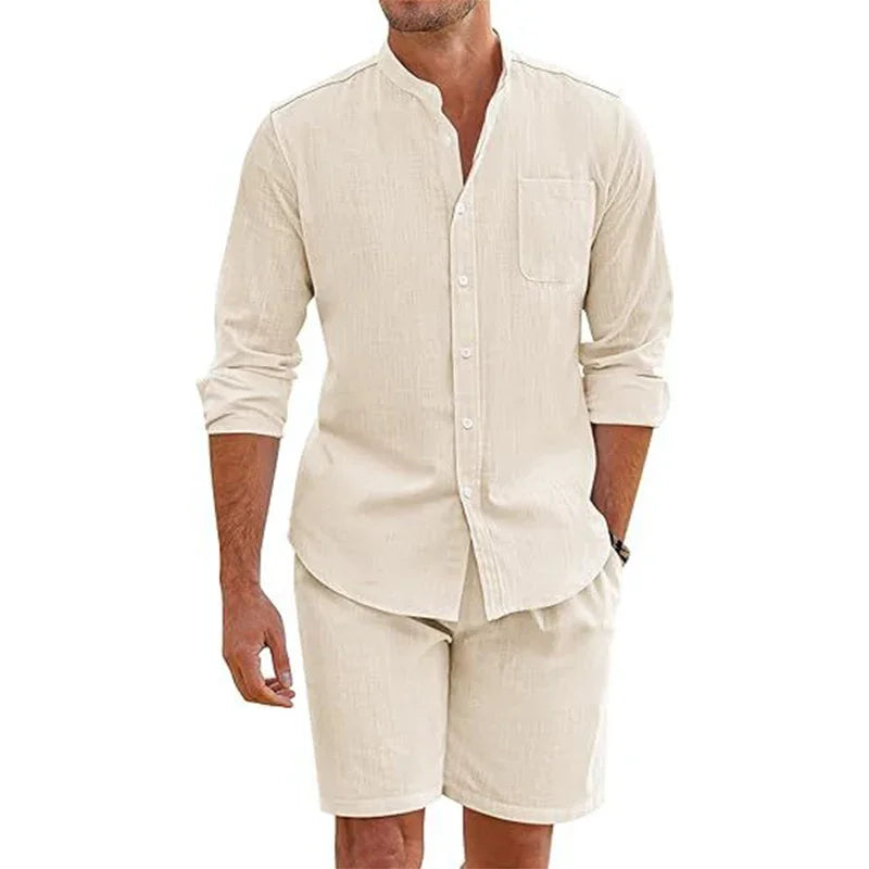 Sommer männer Casual Sets Atmungsaktive Baumwolle Leinen Vintage Stehkragen Shirts + Shorts Sets Männer Atmungsaktivem Strand Anzüge
