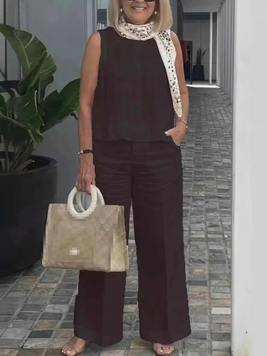 Einfache Baumwolle Leinen frauen Anzüge Sommer Mode Ärmellose Lose Bluse Breite Bein Hosen Zwei Stück Set Für Frauen Casual Outfits