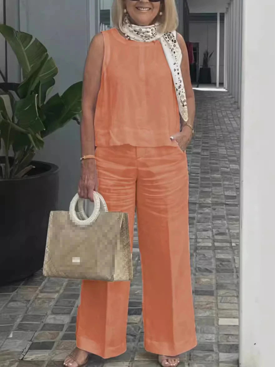 Einfache Baumwolle Leinen frauen Anzüge Sommer Mode Ärmellose Lose Bluse Breite Bein Hosen Zwei Stück Set Für Frauen Casual Outfits