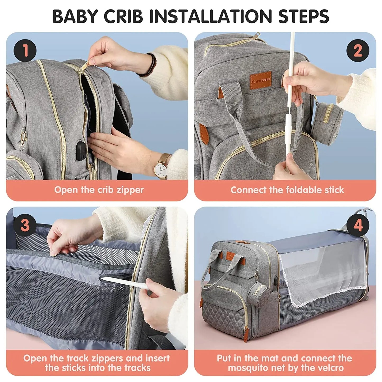 3-in-1-Wickeltasche-Rucksack, faltbares Babybett, wasserdichte Reisetasche mit USB-Aufladung, Wickeltasche-Rucksack mit Wickelbett, 3 Arten - FUXL-Shopify