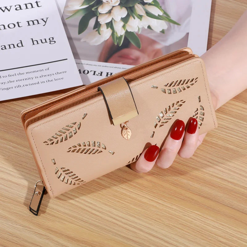 Frauen Brieftasche PU Leder Geldbörse Weibliche Lange Brieftasche Gold Hohl Blätter Beutel Handtasche Für Frauen Geldbörse Karte Halter Kupplung