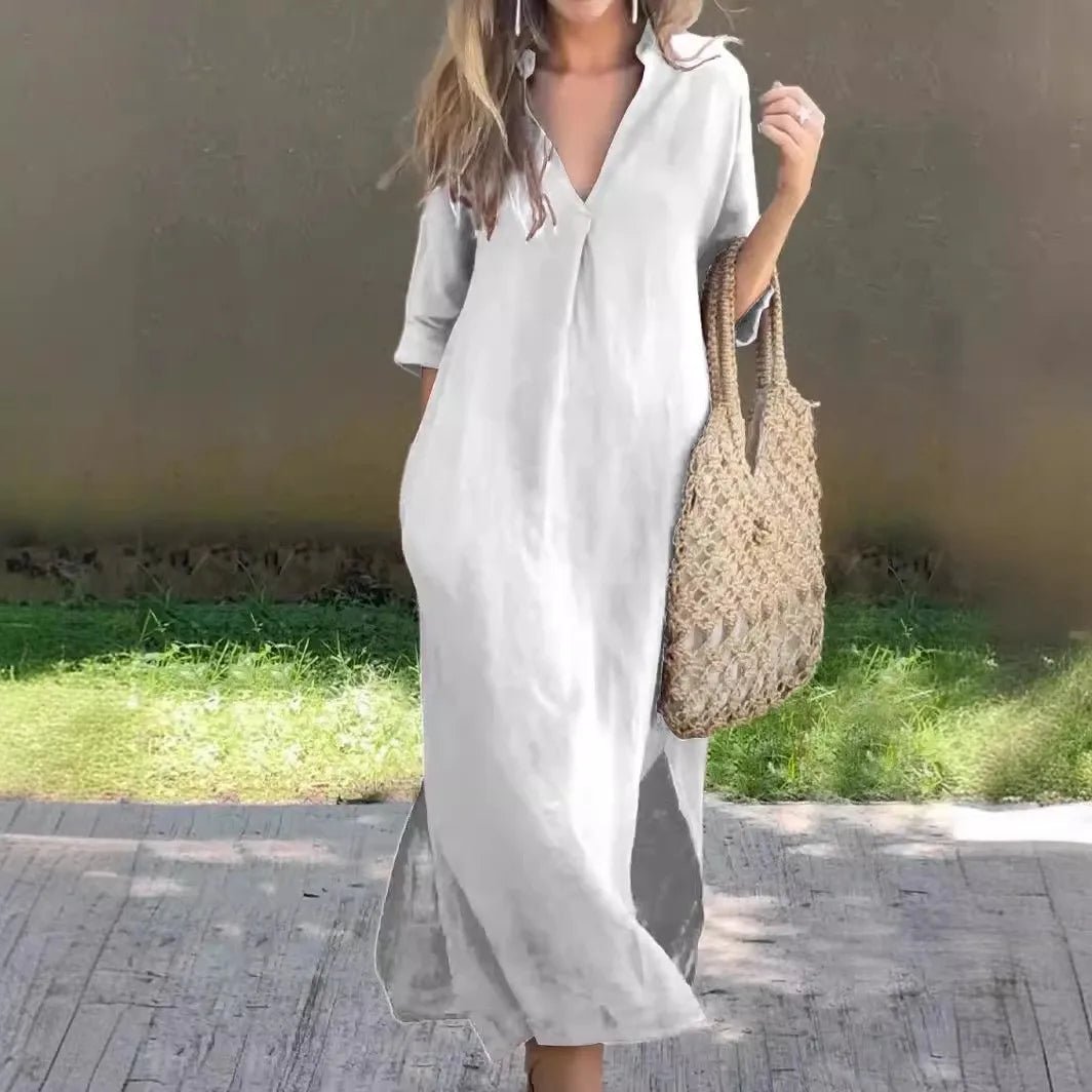 Mode V-ausschnitt halbe Hülse Solide Lange Kleid Frauen 2024 Sommer Elegante Vintage Tasche Seite Baumwolle Leinen Kleider Für Frauen