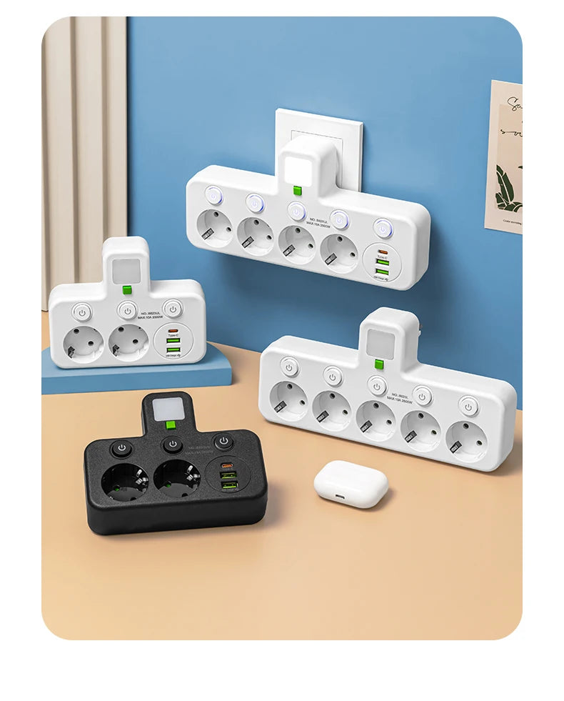 EU-Stecker, Steckdose, 5 Steckdosen, Steckdose, kein Verlängerungskabel, mit oder ohne ihn, USB-Typ-C-Anschlüsse, zwei Spezifikationen - FUXL-Shopify