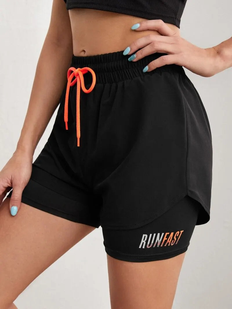 Damen-Yoga-Shorts mit hohem Bund und elastischer Laufshorts mit Näherungskontrolle, gefälschte zweiteilige Hose