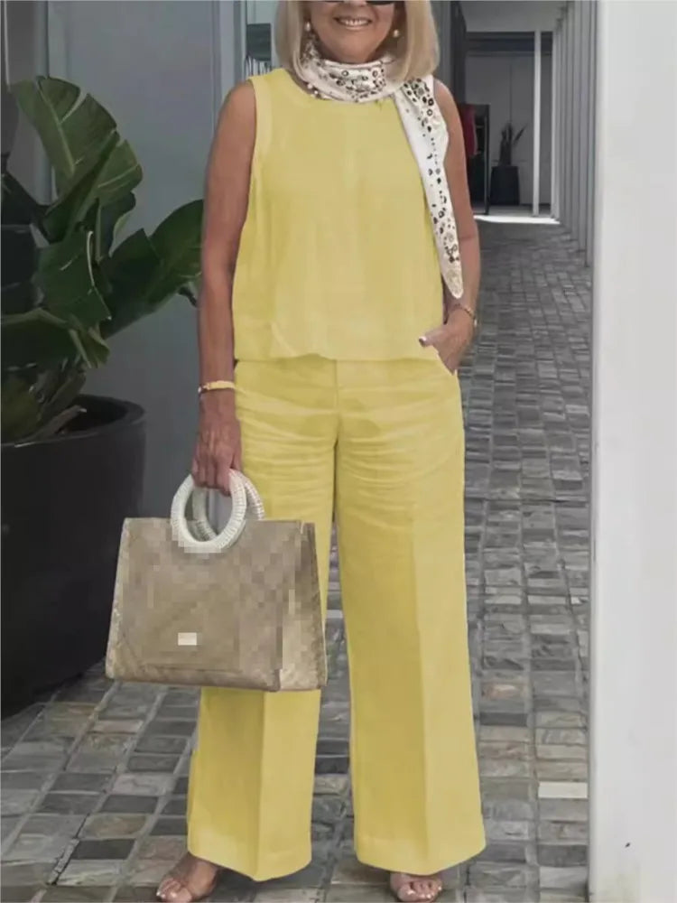 Einfache Baumwolle Leinen frauen Anzüge Sommer Mode Ärmellose Lose Bluse Breite Bein Hosen Zwei Stück Set Für Frauen Casual Outfits