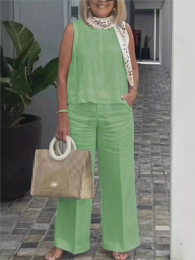 Einfache Baumwolle Leinen frauen Anzüge Sommer Mode Ärmellose Lose Bluse Breite Bein Hosen Zwei Stück Set Für Frauen Casual Outfits