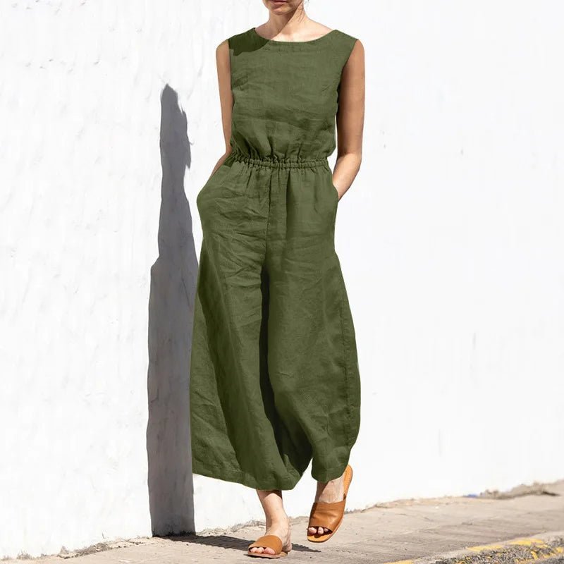Baumwolle Und Leinen Overall Frauen Einfarbig Ärmellose Tasche Hohe Taille Breite Beine Overalls Casual Pendeln Damen Bodys