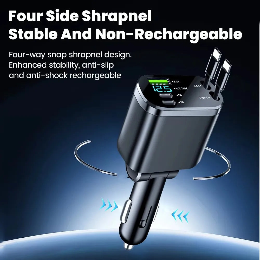 150 W Auto-Ladegerät-Adapter, 5-in-1, schnelles Laden, USB-Typ-C-Autoladegerät mit einziehbaren Typ-C-Kabeln für iPhone, Huawei, Samsung