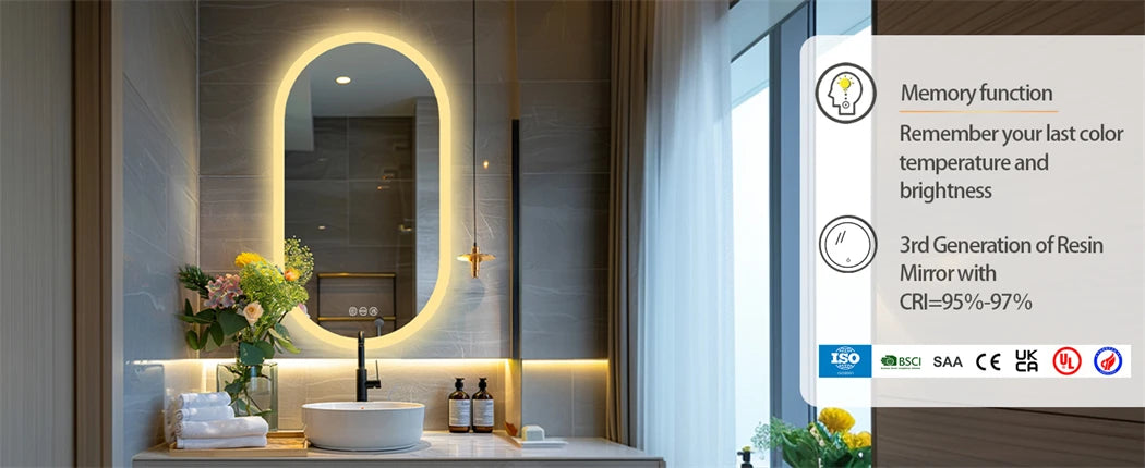 Ovaler LED-Badezimmerspiegel, 500 x 1000 mm, Wand-Kosmetikspiegel mit Antibeschlag, 3 Farben, dimmbare Beleuchtung, Smart Switch-Speicherfunktion