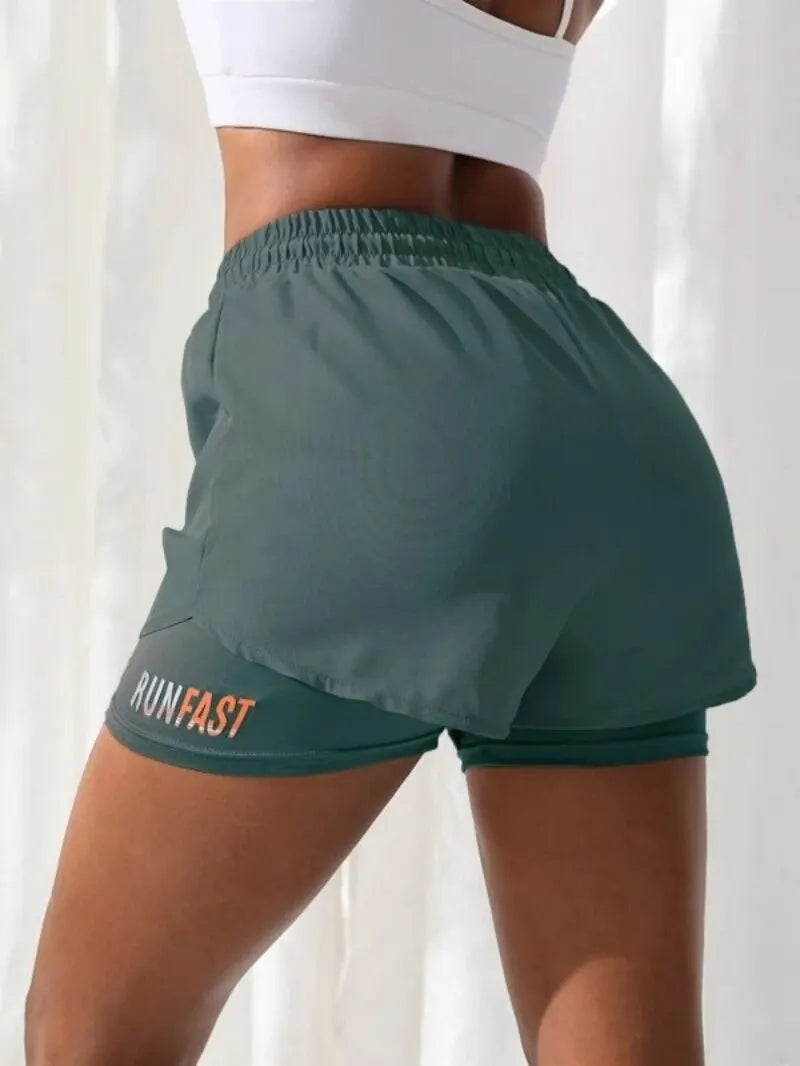 Damen-Yoga-Shorts mit hohem Bund und elastischer Laufshorts mit Näherungskontrolle, gefälschte zweiteilige Hose
