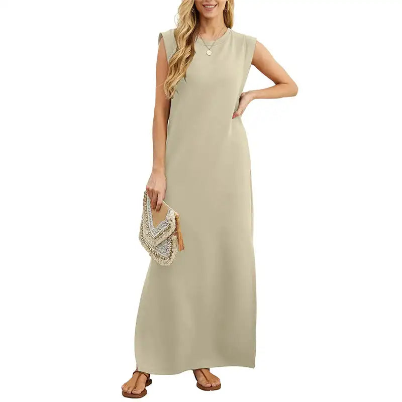 Damen Sommer lässig locker Sommerkleid langes Kleid ärmellose Rundhals ausschnitt Split T-Shirt Maxi kleider falten frei mit Tasche