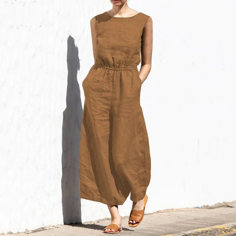 Baumwolle Und Leinen Overall Frauen Einfarbig Ärmellose Tasche Hohe Taille Breite Beine Overalls Casual Pendeln Damen Bodys