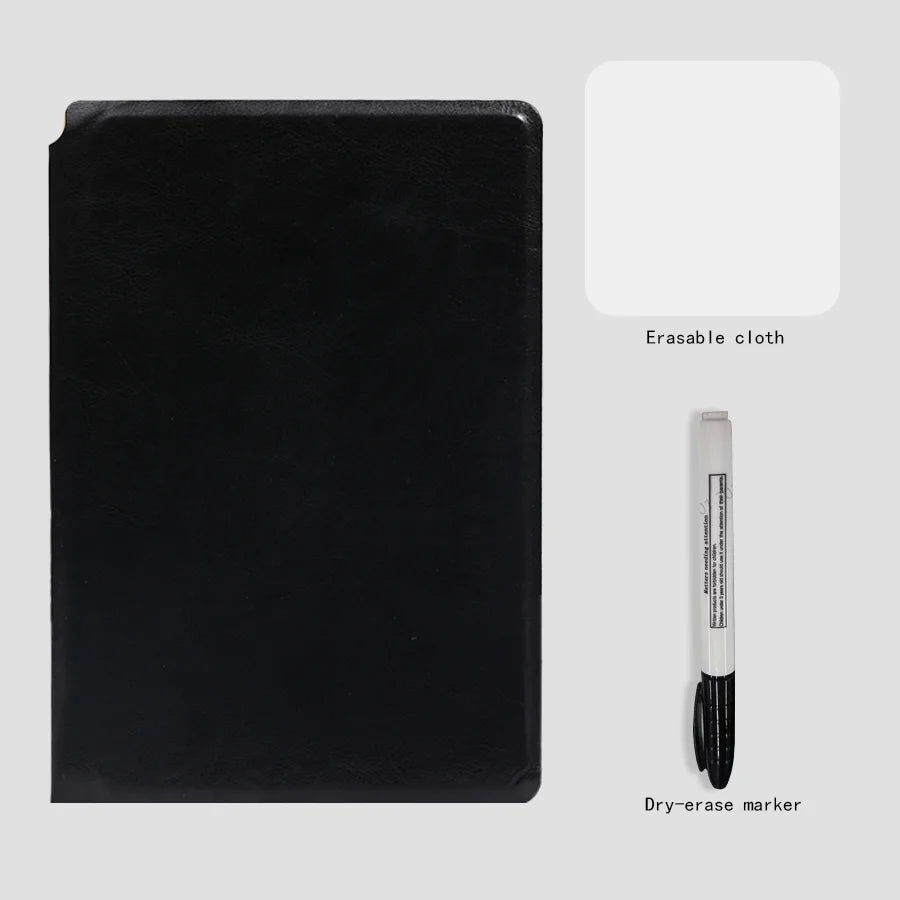 A5 wiederverwendbares Whiteboard-Notizbuch-Set mit Whiteboard-Stift, Löschtuch, Leder, Notizblock, Wochenplaner, tragbar, stilvoll, Büro