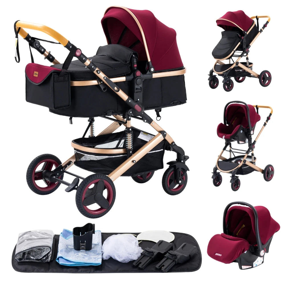 Poussette Luxueuse 3' und 1 Pour Nouveau-Ne,pade de Journey und Pliable, Cadre Aluminium, Landau, Capote Rabattable