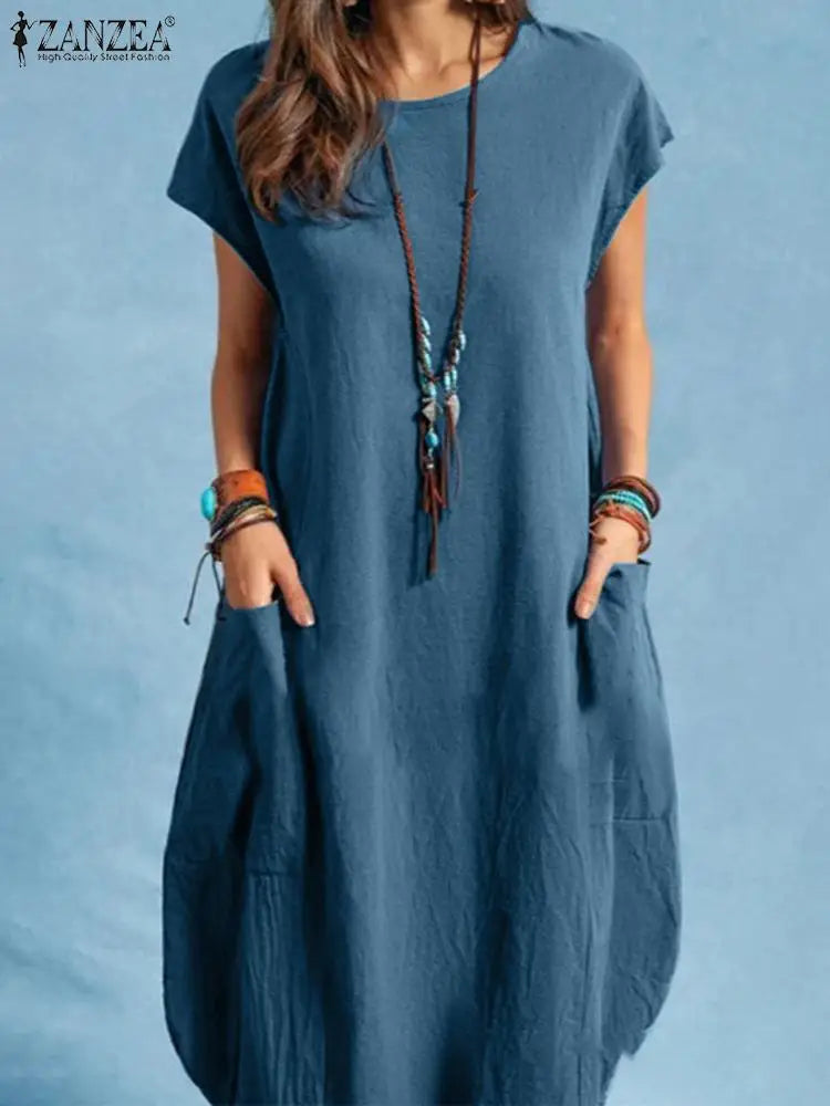 ZANZEA Oversized Vintage Sommerkleid – Kurzarm, Knielang, Baumwolle