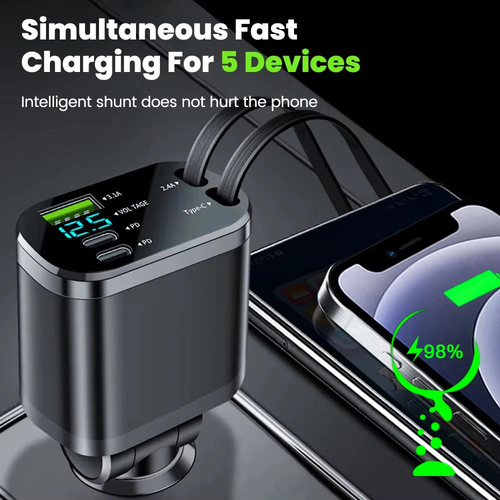 150 W Auto-Ladegerät-Adapter, 5-in-1, schnelles Laden, USB-Typ-C-Autoladegerät mit einziehbaren Typ-C-Kabeln für iPhone, Huawei, Samsung