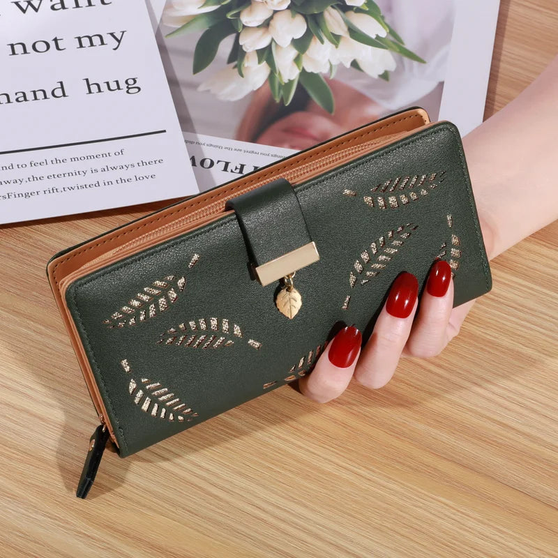 Frauen Brieftasche PU Leder Geldbörse Weibliche Lange Brieftasche Gold Hohl Blätter Beutel Handtasche Für Frauen Geldbörse Karte Halter Kupplung