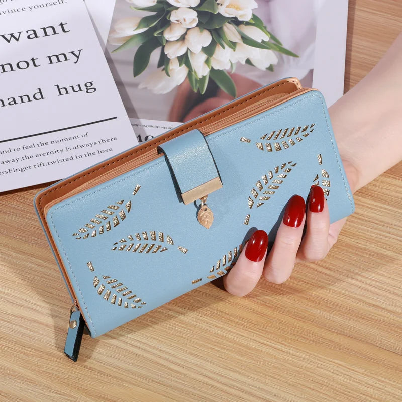 Frauen Brieftasche PU Leder Geldbörse Weibliche Lange Brieftasche Gold Hohl Blätter Beutel Handtasche Für Frauen Geldbörse Karte Halter Kupplung