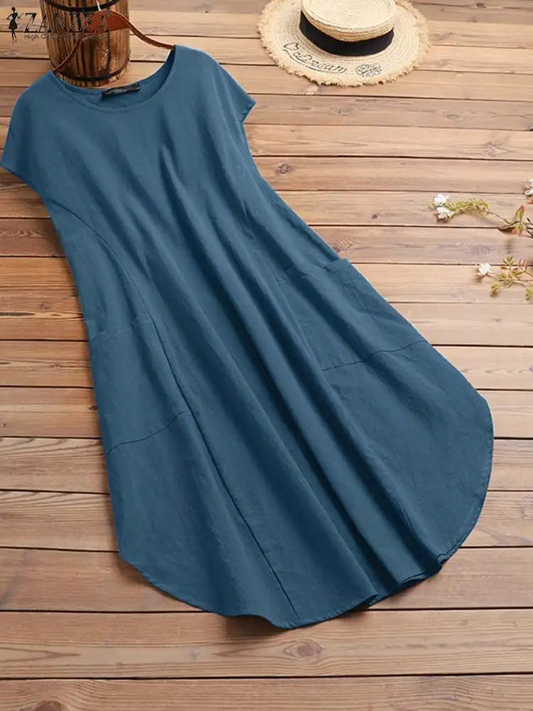 ZANZEA Oversized Vintage Sommerkleid – Kurzarm, Knielang, Baumwolle