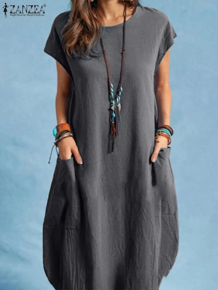 ZANZEA Oversized Vintage Sommerkleid – Kurzarm, Knielang, Baumwolle