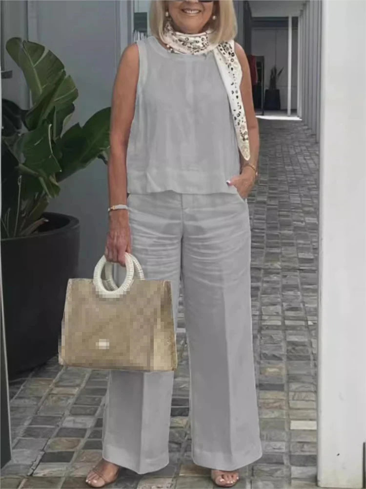 Einfache Baumwolle Leinen frauen Anzüge Sommer Mode Ärmellose Lose Bluse Breite Bein Hosen Zwei Stück Set Für Frauen Casual Outfits