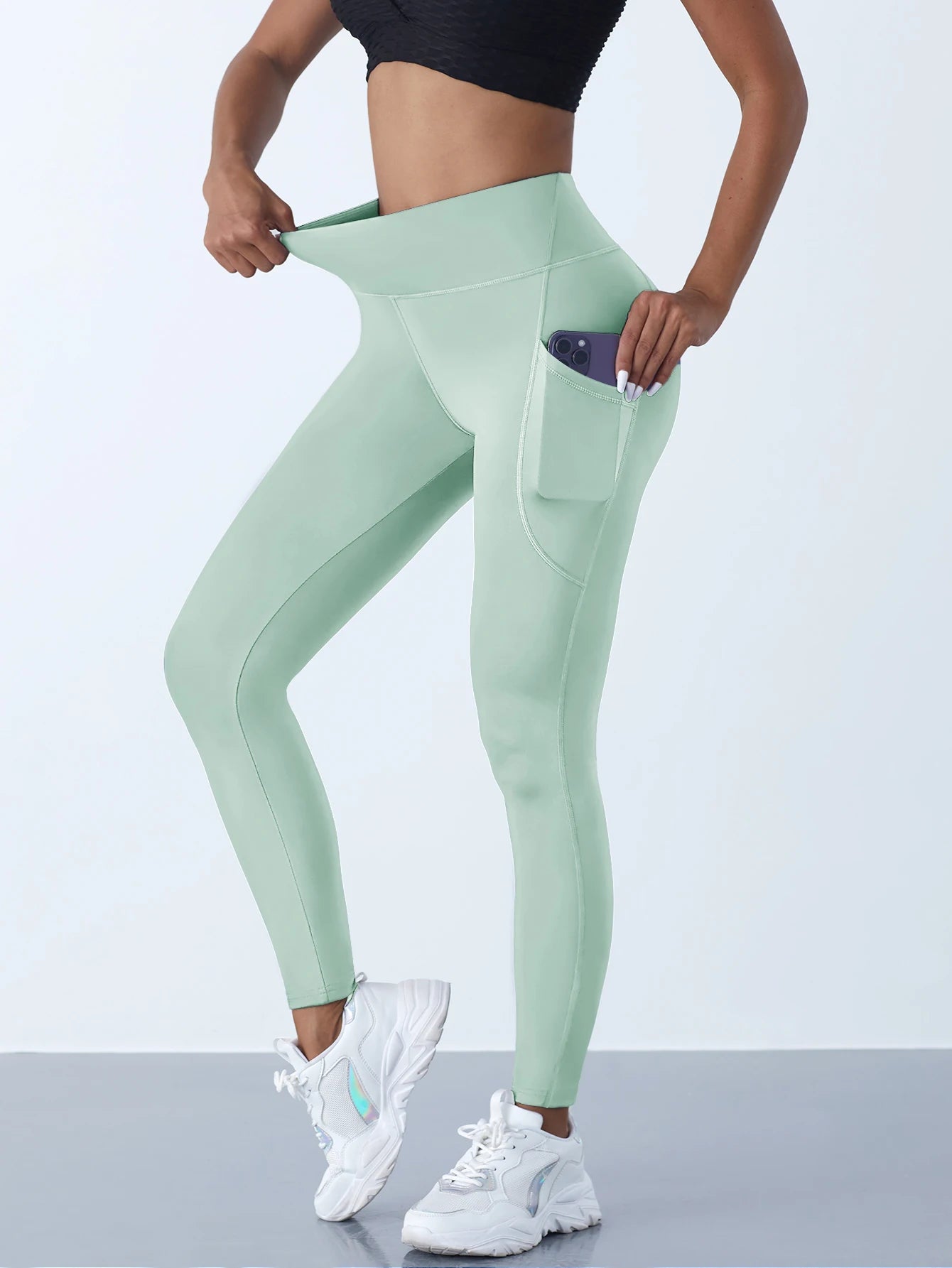 Neue Hohe Taille frauen Leggings Stretch Yoga Hosen Strumpfhosen Mit Taschen Push-Up Fitness Laufsport Einfarbig Hosen