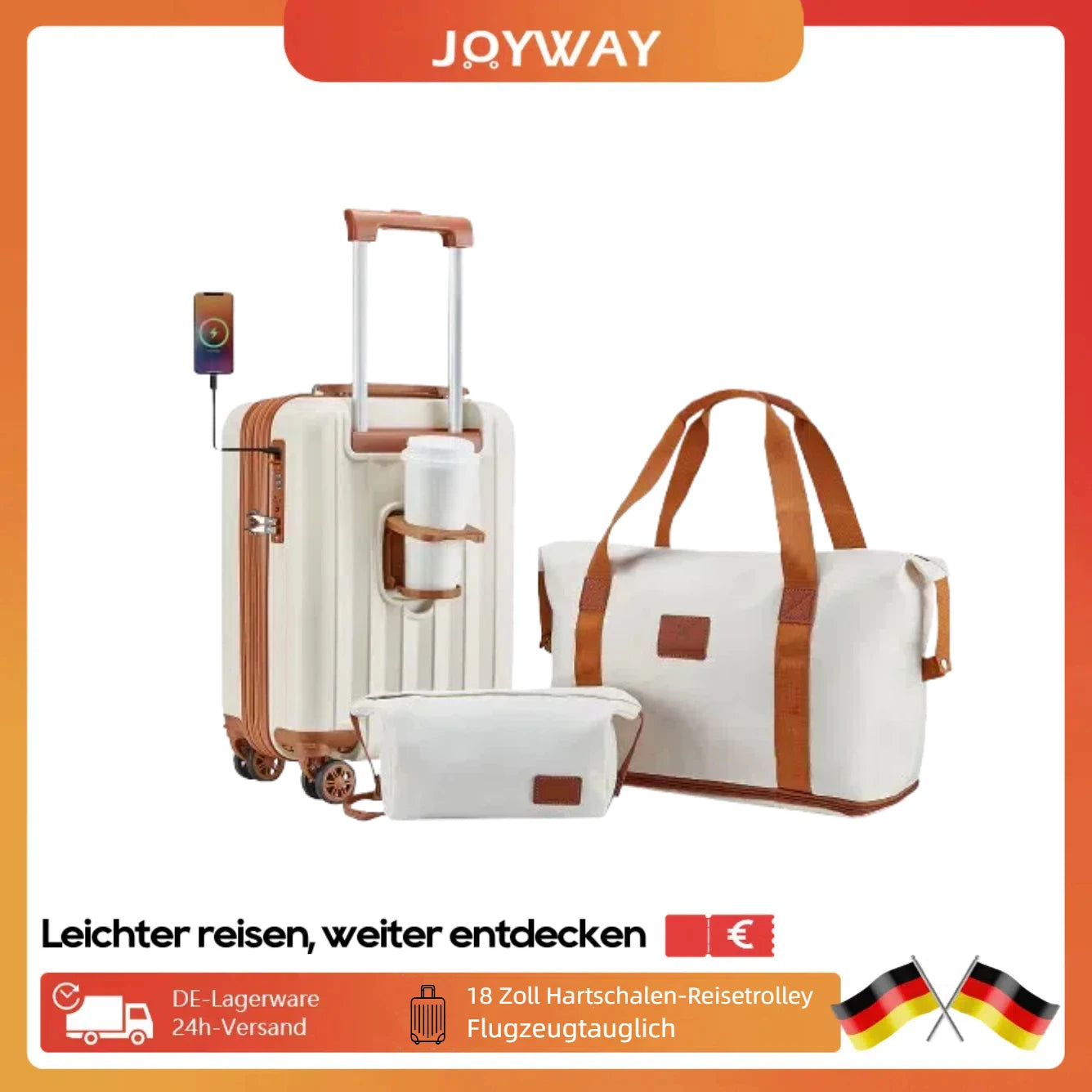 imiomo Erweiterbares Handgepäck-Koffer-Set mit Reisetasche, Getränkehalter, TSA-Schloss, Spinner-Räder, leicht und langlebig