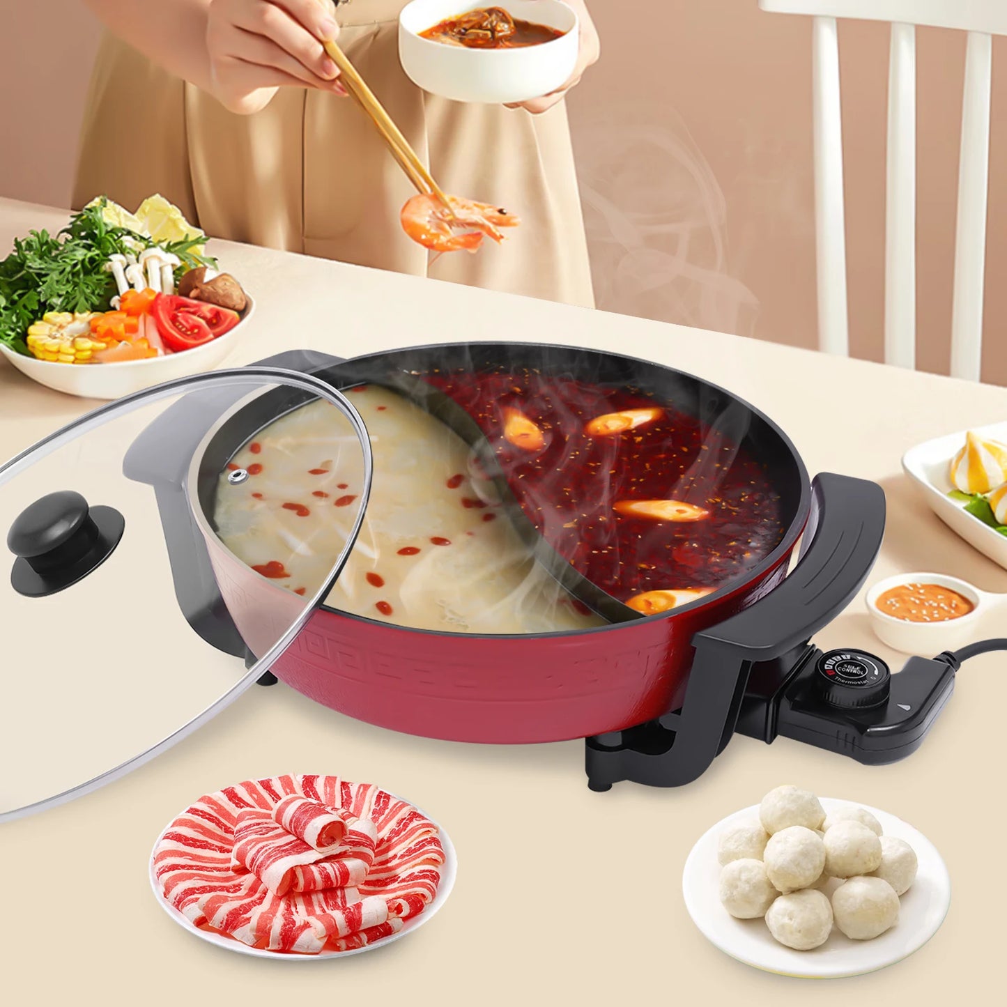 6L Haushalts-Hot Pot 1360 W 220 V elektrischer Kochtopf Bratpfanne Eintopftopf 2 Fächer Antihaft-Hotpot Temperatur einstellbar