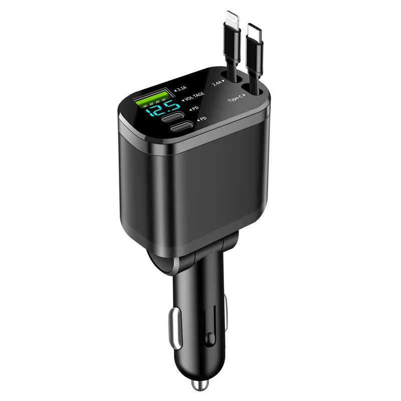 150 W Auto-Ladegerät-Adapter, 5-in-1, schnelles Laden, USB-Typ-C-Autoladegerät mit einziehbaren Typ-C-Kabeln für iPhone, Huawei, Samsung