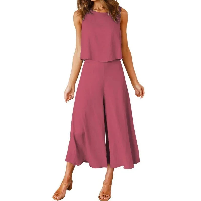 Neue 2025 frauen Sommer 2 Stück Set rundhals Kurze Reine Farbe Breite Bein Hosen Anzug Elegante Modische Casual komfortable