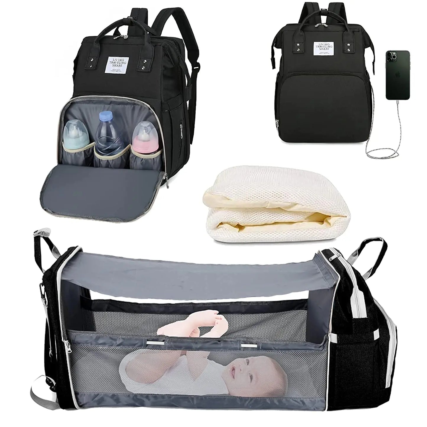 3-in-1-Wickeltasche-Rucksack, faltbares Babybett, wasserdichte Reisetasche mit USB-Aufladung, Wickeltasche-Rucksack mit Wickelbett, 3 Arten - FUXL-Shopify