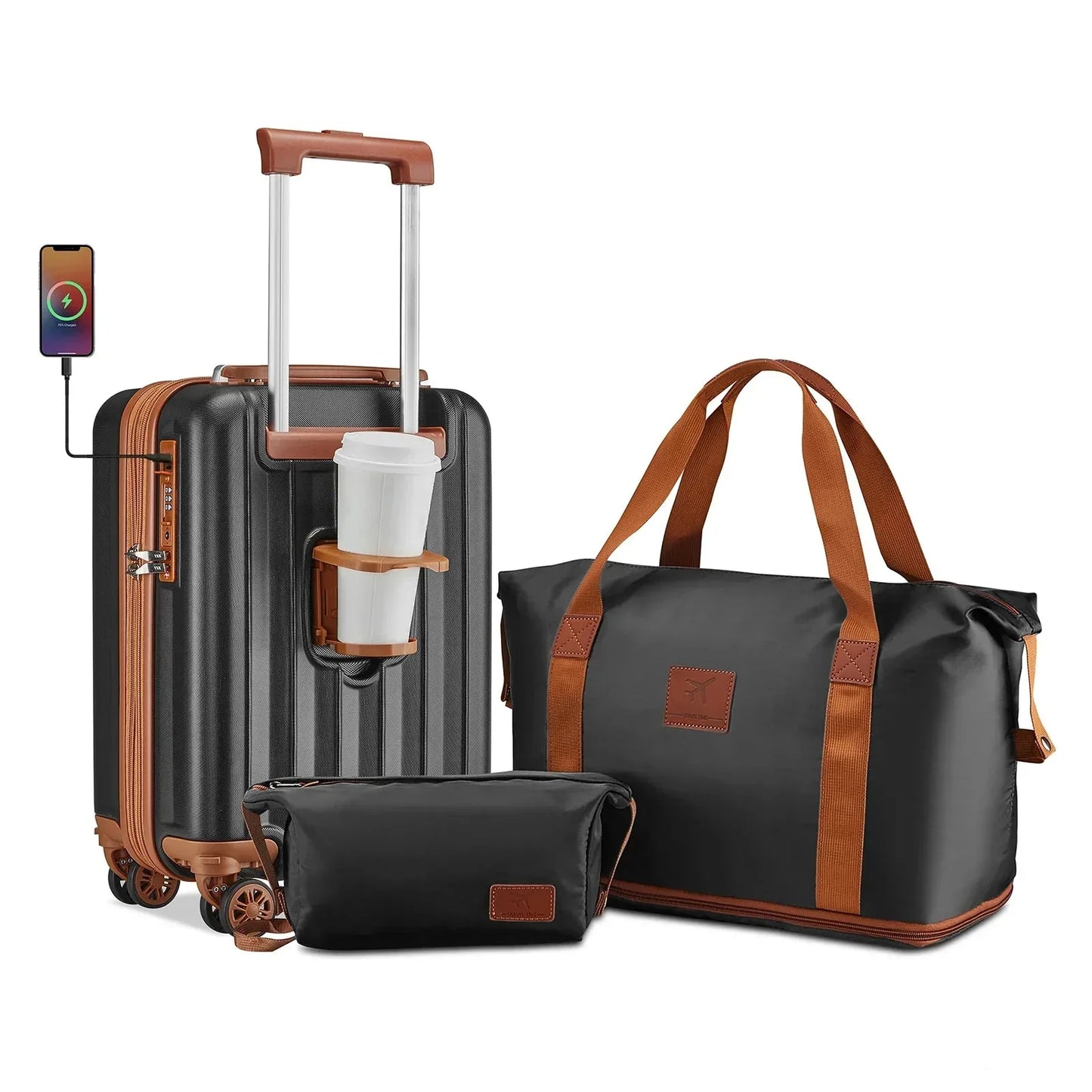 imiomo Erweiterbares Handgepäck-Koffer-Set mit Reisetasche, Getränkehalter, TSA-Schloss, 360° Spinner-Rädern – leicht & langlebig - FUXLShop