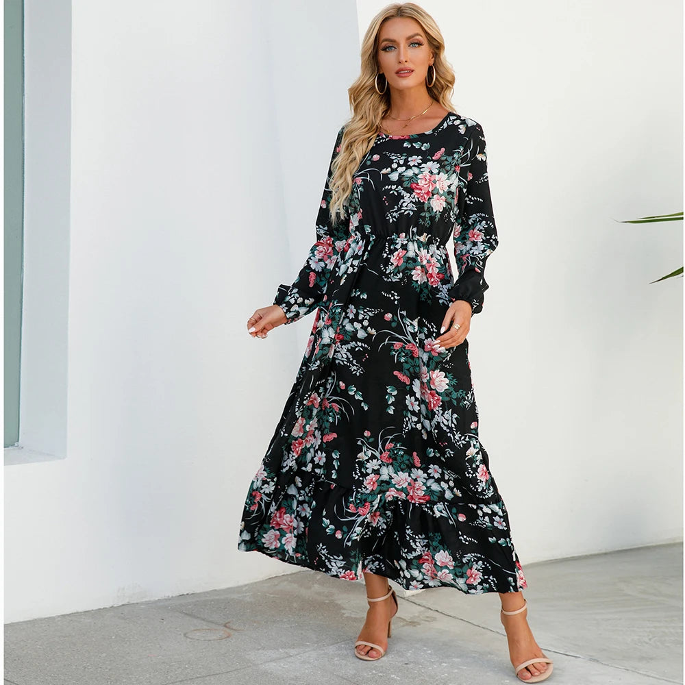 FUXL Bohemian Maxi Kleid – Langarm Chiffon Blumenkleid (Mid-Calf, Lockere Passform) - FUXL-Shopify
