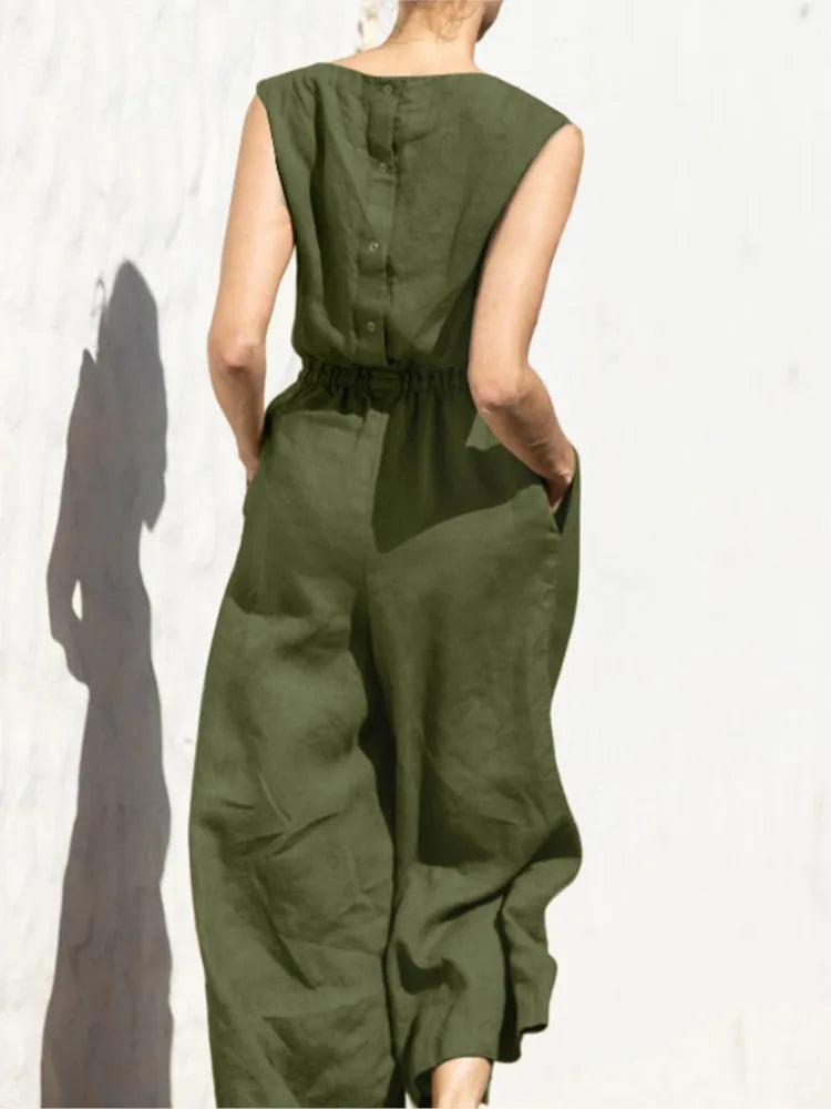 Baumwolle Und Leinen Overall Frauen Einfarbig Ärmellose Tasche Hohe Taille Breite Beine Overalls Casual Pendeln Damen Bodys