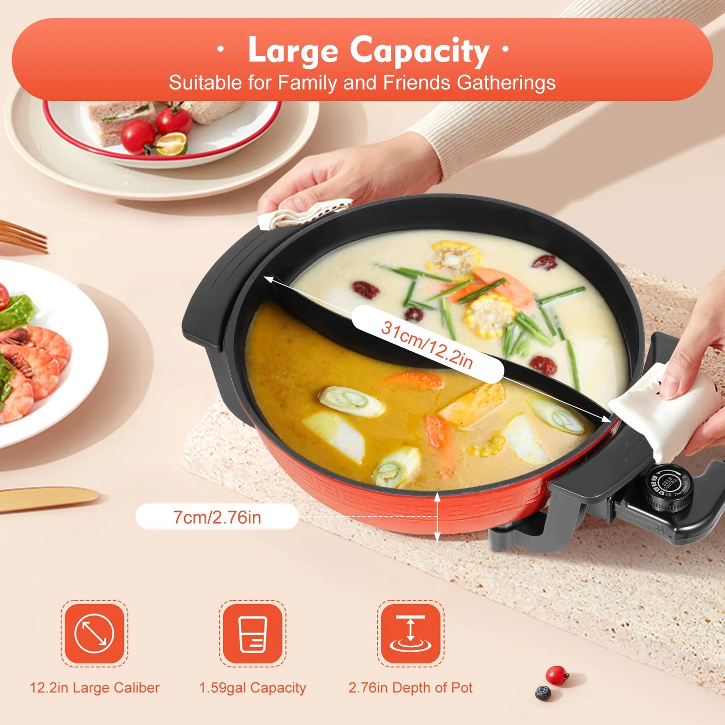 6L Haushalts-Hot Pot 1360 W 220 V elektrischer Kochtopf Bratpfanne Eintopftopf 2 Fächer Antihaft-Hotpot Temperatur einstellbar