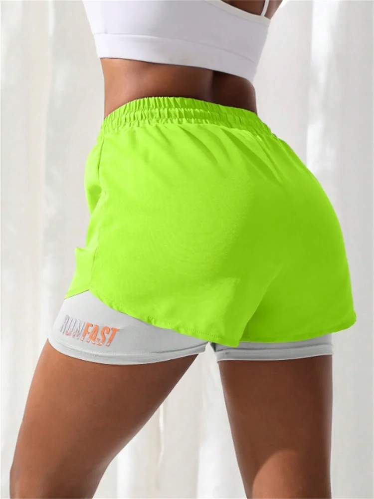 Damen-Yoga-Shorts mit hohem Bund und elastischer Laufshorts mit Näherungskontrolle, gefälschte zweiteilige Hose