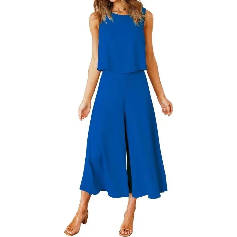 Neue 2025 frauen Sommer 2 Stück Set rundhals Kurze Reine Farbe Breite Bein Hosen Anzug Elegante Modische Casual komfortable - FUXL - Shopify