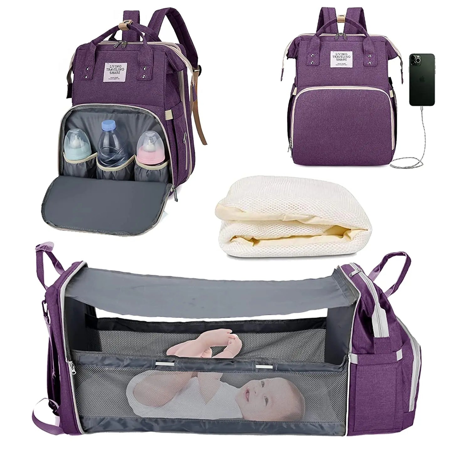 3-in-1-Wickeltasche-Rucksack, faltbares Babybett, wasserdichte Reisetasche mit USB-Aufladung, Wickeltasche-Rucksack mit Wickelbett, 3 Arten - FUXL-Shopify