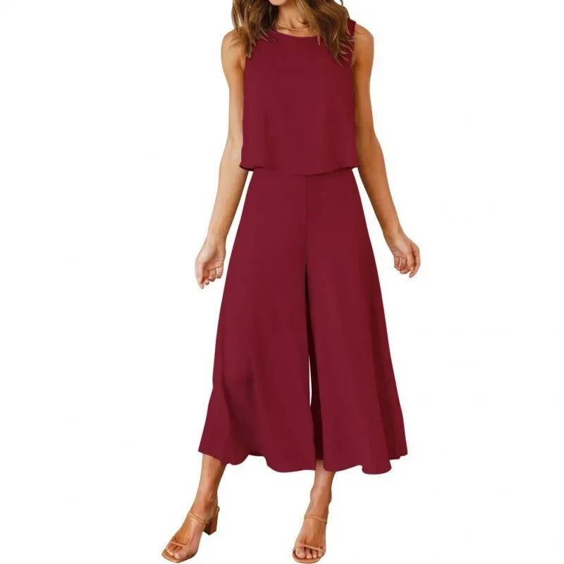 Neue 2025 frauen Sommer 2 Stück Set rundhals Kurze Reine Farbe Breite Bein Hosen Anzug Elegante Modische Casual komfortable