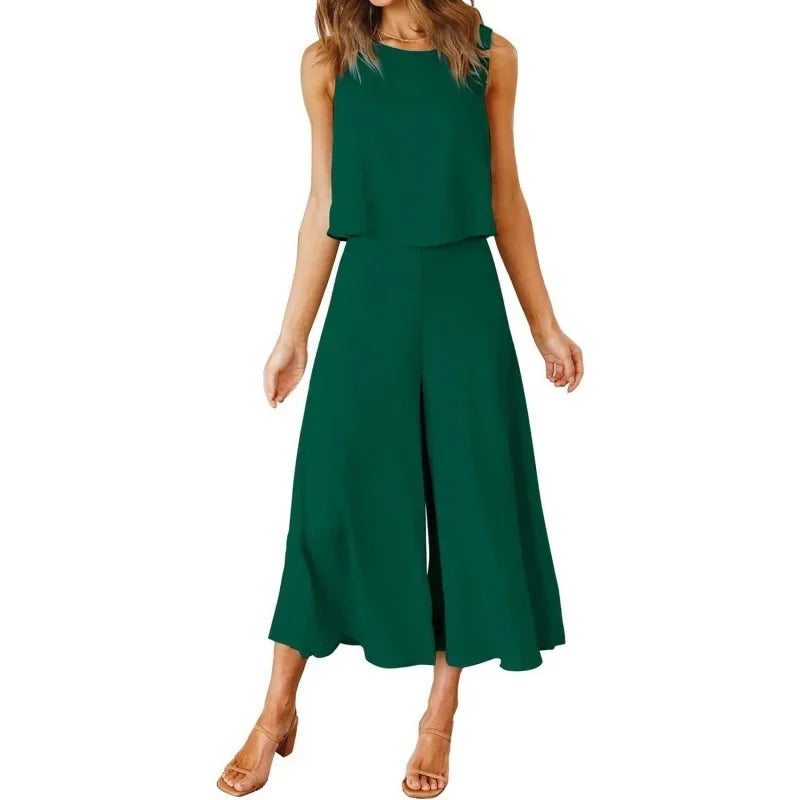 Neue 2025 frauen Sommer 2 Stück Set rundhals Kurze Reine Farbe Breite Bein Hosen Anzug Elegante Modische Casual komfortable