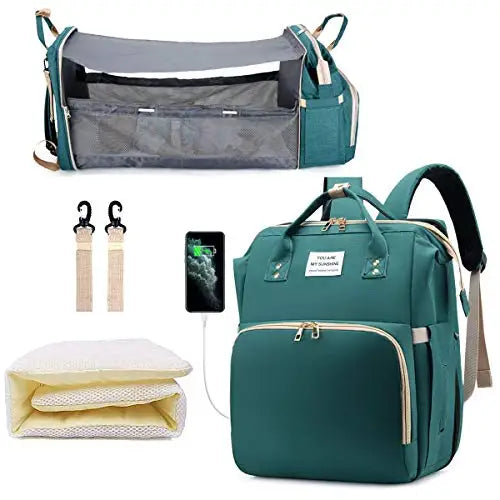 3-in-1-Wickeltasche-Rucksack, faltbares Babybett, wasserdichte Reisetasche mit USB-Aufladung, Wickeltasche-Rucksack mit Wickelbett, 3 Arten - FUXL-Shopify