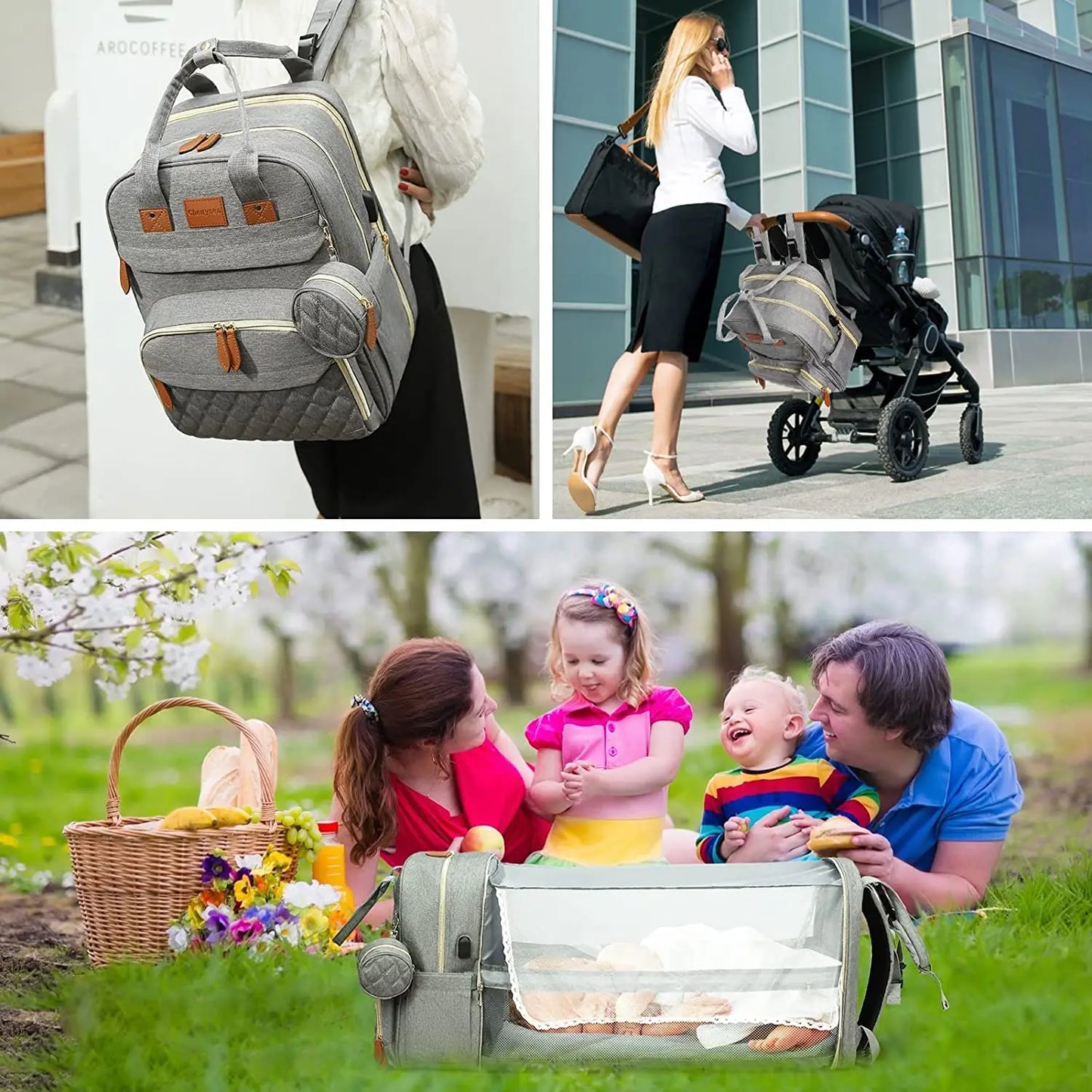 3-in-1-Wickeltasche-Rucksack, faltbares Babybett, wasserdichte Reisetasche mit USB-Aufladung, Wickeltasche-Rucksack mit Wickelbett, 3 Arten - FUXL-Shopify