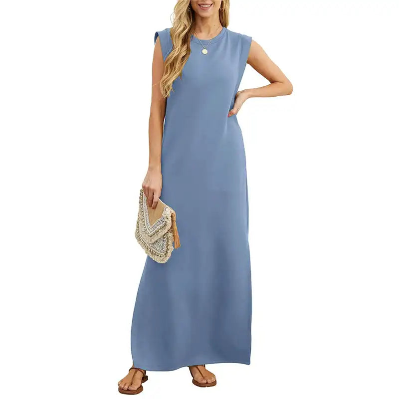 Damen Sommer lässig locker Sommerkleid langes Kleid ärmellose Rundhals ausschnitt Split T-Shirt Maxi kleider falten frei mit Tasche
