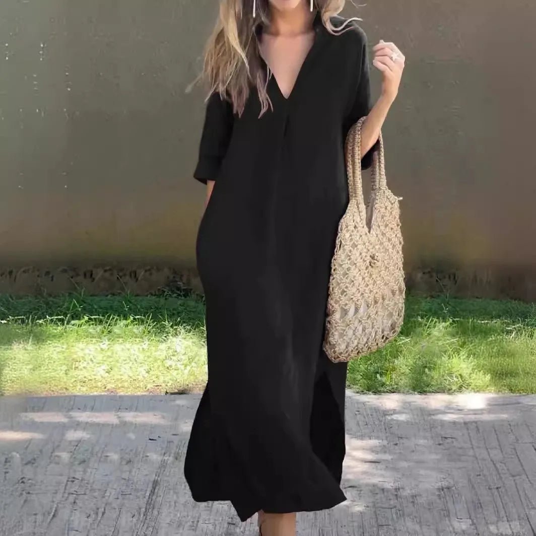 Mode V-ausschnitt halbe Hülse Solide Lange Kleid Frauen 2024 Sommer Elegante Vintage Tasche Seite Baumwolle Leinen Kleider Für Frauen