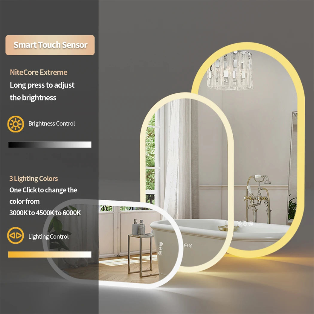 Ovaler LED-Badezimmerspiegel, 500 x 1000 mm, Wand-Kosmetikspiegel mit Antibeschlag, 3 Farben, dimmbare Beleuchtung, Smart Switch-Speicherfunktion