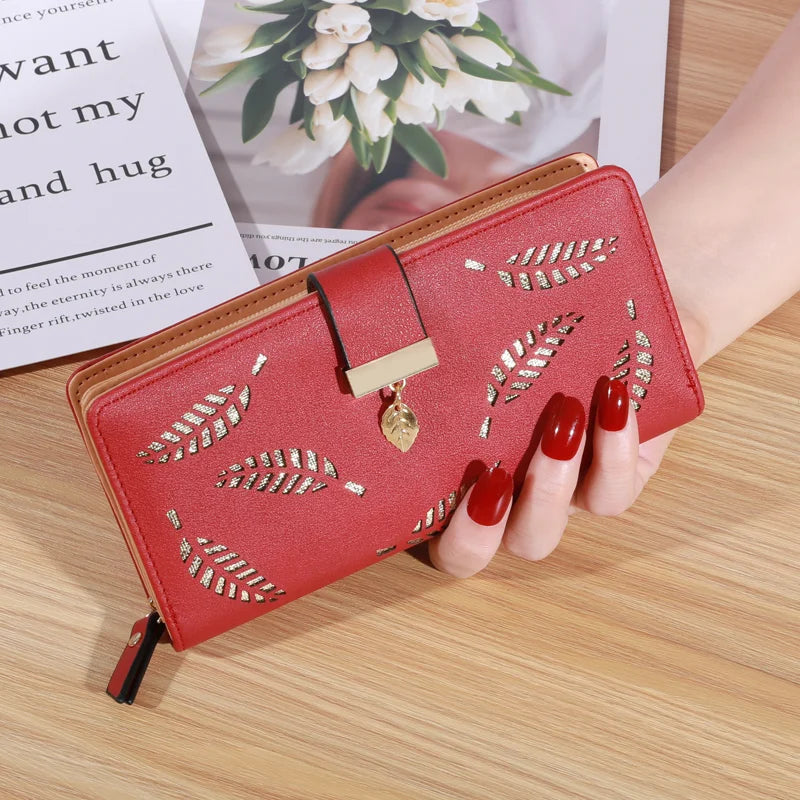 Frauen Brieftasche PU Leder Geldbörse Weibliche Lange Brieftasche Gold Hohl Blätter Beutel Handtasche Für Frauen Geldbörse Karte Halter Kupplung