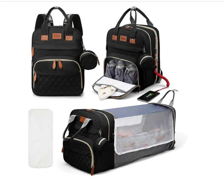 3-in-1-Wickeltasche-Rucksack, faltbares Babybett, wasserdichte Reisetasche mit USB-Aufladung, Wickeltasche-Rucksack mit Wickelbett, 3 Arten - FUXL-Shopify