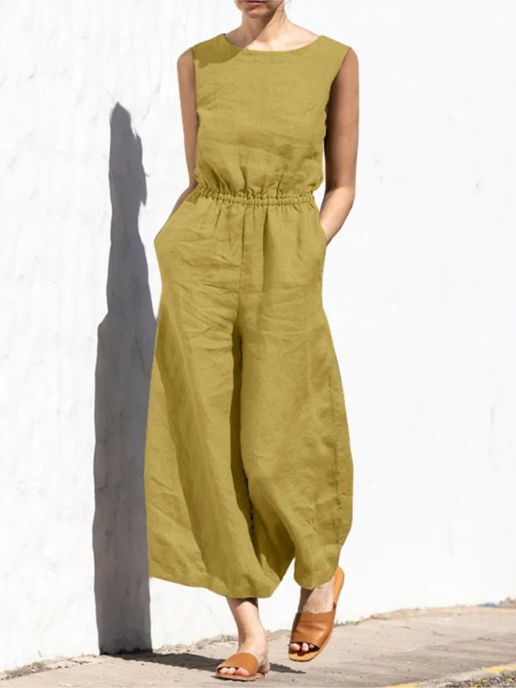 Baumwolle Und Leinen Overall Frauen Einfarbig Ärmellose Tasche Hohe Taille Breite Beine Overalls Casual Pendeln Damen Bodys