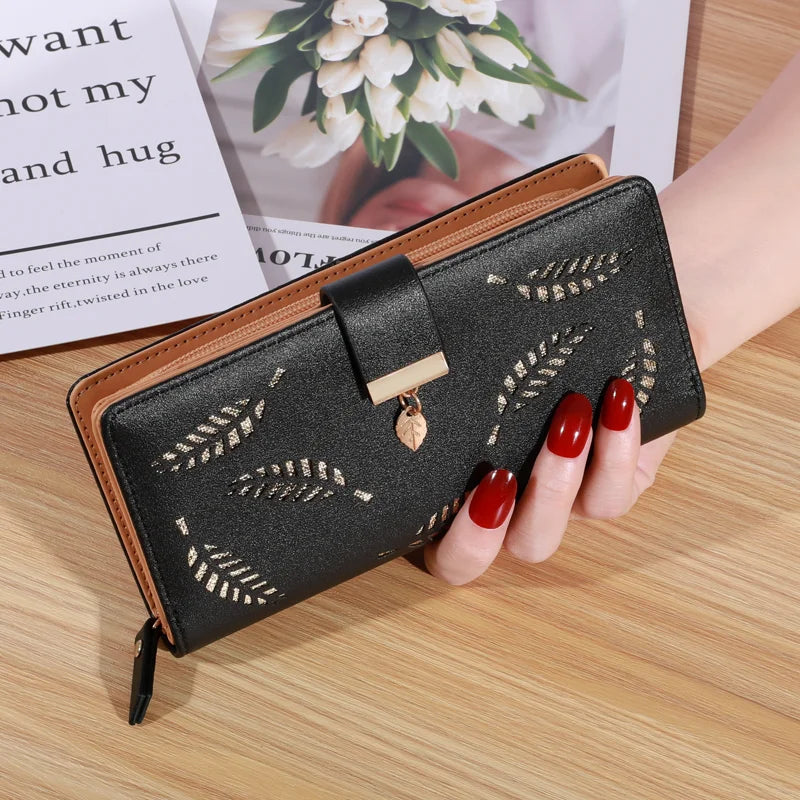 Frauen Brieftasche PU Leder Geldbörse Weibliche Lange Brieftasche Gold Hohl Blätter Beutel Handtasche Für Frauen Geldbörse Karte Halter Kupplung