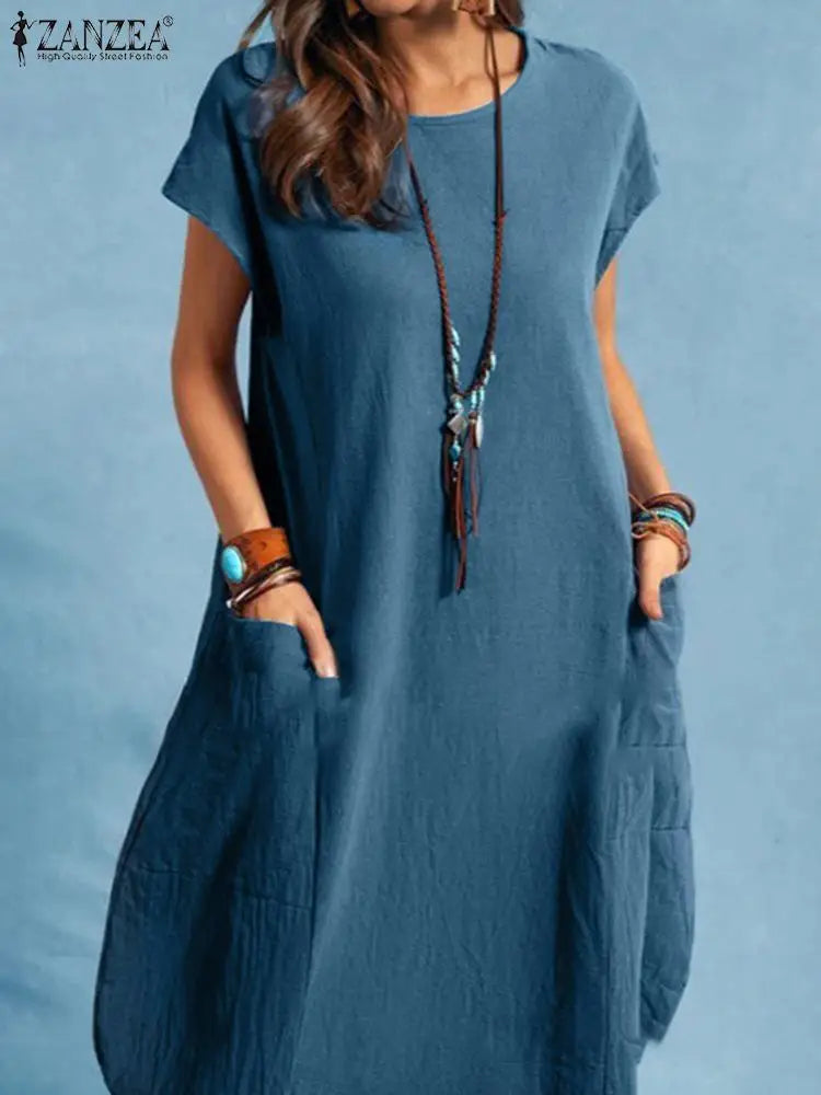 ZANZEA Oversized Vintage Sommerkleid – Kurzarm, Knielang, Baumwolle